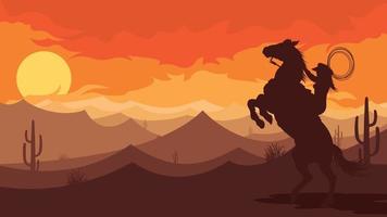 Flat western background landscape cowboys in desert horse and girl silhouette vector