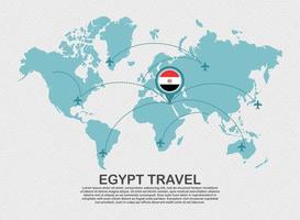 cartel de viaje a egipto con mapa del mundo y ruta de avión volador concepto de destino de turismo de fondo comercial vector