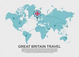 Travel to Great Britain poster with world map and flying plane route business background tourism destination concept vector