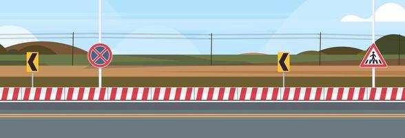 carretera colina carretera asfaltada y carretera de la ciudad al aire libre con señales de tráfico diseño ilustración vectorial plana. vector