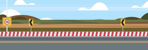 Highway hill asphalt road and city road outdoor with traffic signs design flat vector illustration.