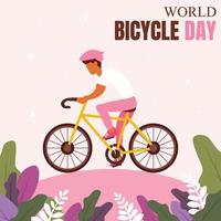 el gráfico vectorial ilustrativo de un ciclista es andar en bicicleta por la calle, mostrando flores, perfecto para el día mundial de la bicicleta, transporte, deporte, celebración, tarjeta de felicitación, etc.