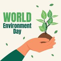 illustration vector graphic of a hand holding a green plant and its soil medium, perfect for world environment day, agriculture,nature, celebrate, greeting card, etc.