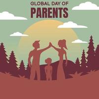 ilustración gráfica vectorial de la silueta de una familia en el jardín, que muestra vistas a la montaña y abetos, perfecto para el día mundial de los padres, celebración, tarjeta de felicitación, etc. vector