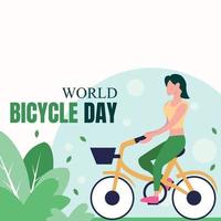 illustration vector graphic of a woman riding a bicycle leisurely in the park, perfect for world bicycle day, transportation, sport, celebrate, greeting card, etc.