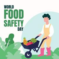 illustration vector graphic of male farmer carrying a trolley filled with fruit and vegetables, perfect for world food safety day, celebrate, greeting card, etc.