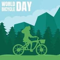 illustration vector graphic of silhouette of a woman riding a bicycle in the forest, showing mountain background, perfect for world bicycle day, transportation, sport, celebrate, greeting card, etc.