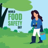 illustration vector graphic of female farmer carrying a bucket of carrots, perfect for world food safety day, agriculture, celebrate, greeting card, etc.