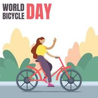 illustration vector graphic of a woman riding a bicycle waving on the street, perfect for world bicycle day, transportation, sport, celebrate, greeting card, etc.