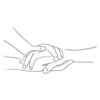 Hand on hand promise line art drawing style, the hand sketch black linear isolated on white background, the hand line art vector illustration.