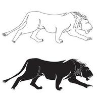 estilo de dibujo de arte de línea de caminata de león, el boceto de león lineal negro aislado en fondo blanco, la mejor ilustración de vector de león.