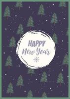 Christmas and Happy New Year illustration with with forest firs. Trendy retro style. Vector design template.