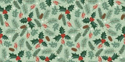 Christmas and Happy New Year seamless pattern. Spruce branches, leaves, berries, snowflakes. New Year symbols.Trendy retro style. Vector design template.