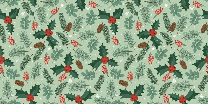 Christmas and Happy New Year seamless pattern. Spruce branches, leaves, berries, snowflakes. New Year symbols.Trendy retro style. Vector design template.