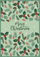 Christmas and Happy New Year illustration with with spruce branches, leaves, berries, snowflakes. Trendy retro style. Vector design template.