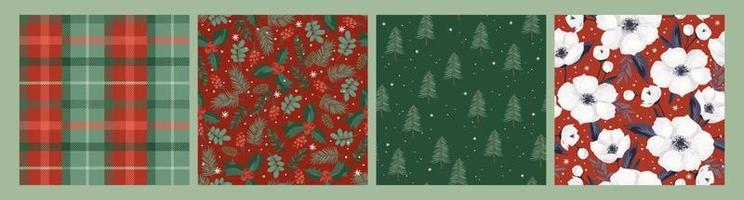 Christmas and Happy New Year seamless patterns. Christmas tree, flowers, berries, plaid. New Year backgrounds. Vector design templates.