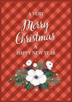 Christmas and Happy New Year illustration with Christmas tree and white flowers. Vector design template.