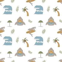 Seamless Pattern With Hand Drawn Elements With A Surf Theme. Wave, Surf, Palm Trees And More. vector