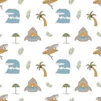 Seamless Pattern With Hand Drawn Elements With A Surf Theme. Wave, Surf, Palm Trees And More. vector