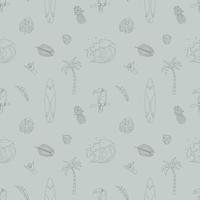 Seamless Pattern With Hand Drawn Elements With A Surf Theme. Wave, Surf, Palm Trees And More. vector