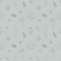 Seamless Pattern With Hand Drawn Elements With A Surf Theme. Wave, Surf, Palm Trees And More. vector