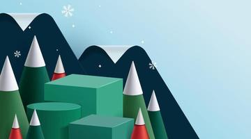 Podium for show product display.winter Christmas  decorative on blue background with tree xmas. 3D vector