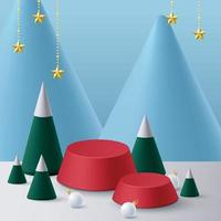 Podium for show product display.winter Christmas  decorative on blue background with tree xmas. 3D vector