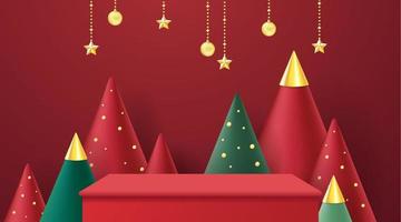podio para mostrar la exhibición del producto. navidad de invierno decorativa sobre fondo rojo con árbol de navidad. vectores 3d