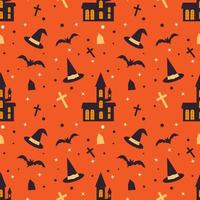 Halloween seamless pattern with scary house, bats, witch hat and tombs. Endless texture on orange background for party invitation, wrapping paper vector