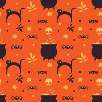 Halloween seamless pattern with skull, black cat, spiders and witch pot. Endless texture on orange background vector