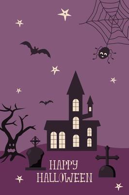 Happy Halloween greeting card template with dark castle, cemetery, scary tree, spider and bats.l Modern cartoon vector illustration for halloween party design, flyers, invitation, poster