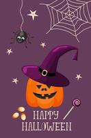 Halloween greeting card template with pumpkin, cute spider, cobweb and candy. Modern cartoon vector illustration for halloween party design, flyers, menu