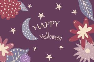 lindo fondo botánico de halloween con plantas abstractas, flores, estrellas y luna. ilustración vectorial infantil dibujada a mano para tarjetas de diseño, volantes, invitaciones a fiestas, pancartas festivas, etc. vector