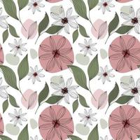 Floral boho seamless pattern with abstract flowers and leaves. Repeat ornament for textile, fabric print, wrapping paper, wallpaper etc. Vector illustration isolated on white background