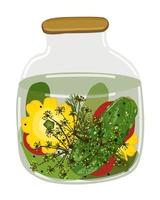 Jar of pickled cucumbers, tomatoes and pattisons with dill and peppercorns vector