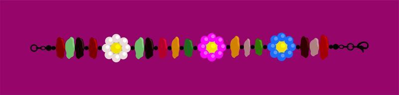 Decorative bracelet with colorful stones and camomiles on purple background.