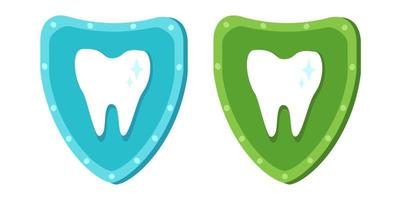 Vector set icons of shield with tooth. Vector illustration of shields for stomatology.