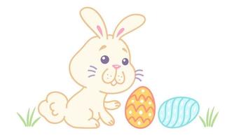 Vector illustration of a rabbit with eggs for Easter in kawaii style.