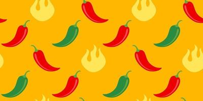 Vector seamless pattern of chilli pepper with fire.