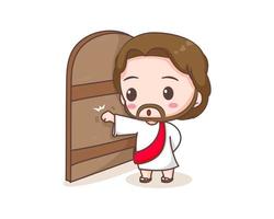 Jesus Christ knocking the door cartoon character. Cute mascot illustration. Isolated white background. Biblical story Religion and faith. vector