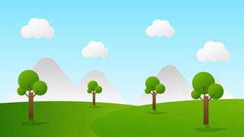 landscape cartoon scene with green trees on hills and white fluffy cloud in summer blue sky background vector