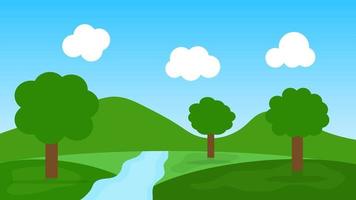 landscape cartoon scene. green trees on hills with blue river and white fluffy cloud in summer blue sky background vector
