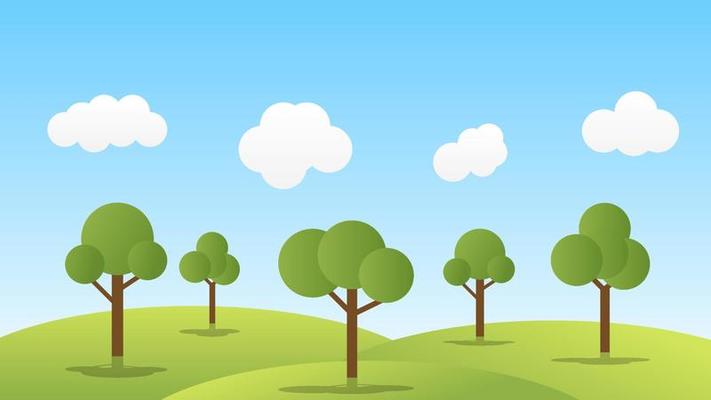 landscape cartoon scene with green trees on hills and white fluffy cloud in summer blue sky background