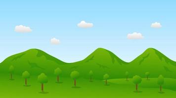 landscape cartoon scene with green trees on hills and white fluffy cloud in summer blue sky background vector