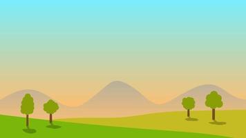 e escena de dibujos animados de paisaje con árboles verdes en las colinas y fondo de cielo azul de verano vector