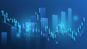 concepto de situación económica. las estadísticas de negocios financieros con gráfico de barras y gráfico de velas muestran el precio del mercado de valores y el cambio de divisas en el fondo azul vector