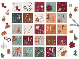 Merry Christmas sticker set with clipart and count down 1 to 25. Winter holiday gift labels ready to print. Vector graphic for sublimation or package decoration