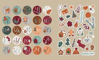 Set of Christmas stickers with offset to print. Round countdown 1 to 25 for holiday. Winter clipart for sublimation or planner decor vector