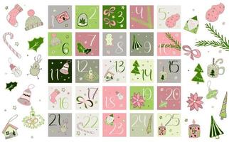 Pink countdown fot Christmas vector graphic set. Pastel advent calendar with numbers 1 to 25. Winter stickers and clipart for sublimation and stocking