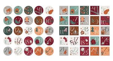 How many days until Christmas stickers. 1 to 25 numbers for countdown and gift packaging vector